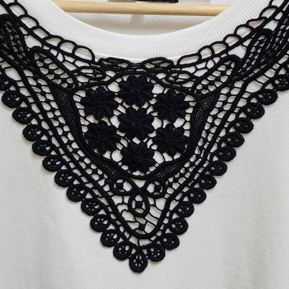 Karl Lagerfeld Sweatshirt Womens Sz M White Black Modal Crochet Lace Long Sleeve - Picture 4 of 10